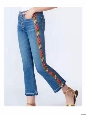 Veronica Beard Carolyn Baby Boot Embroidered Side-Trim Cropped Blue Jeans